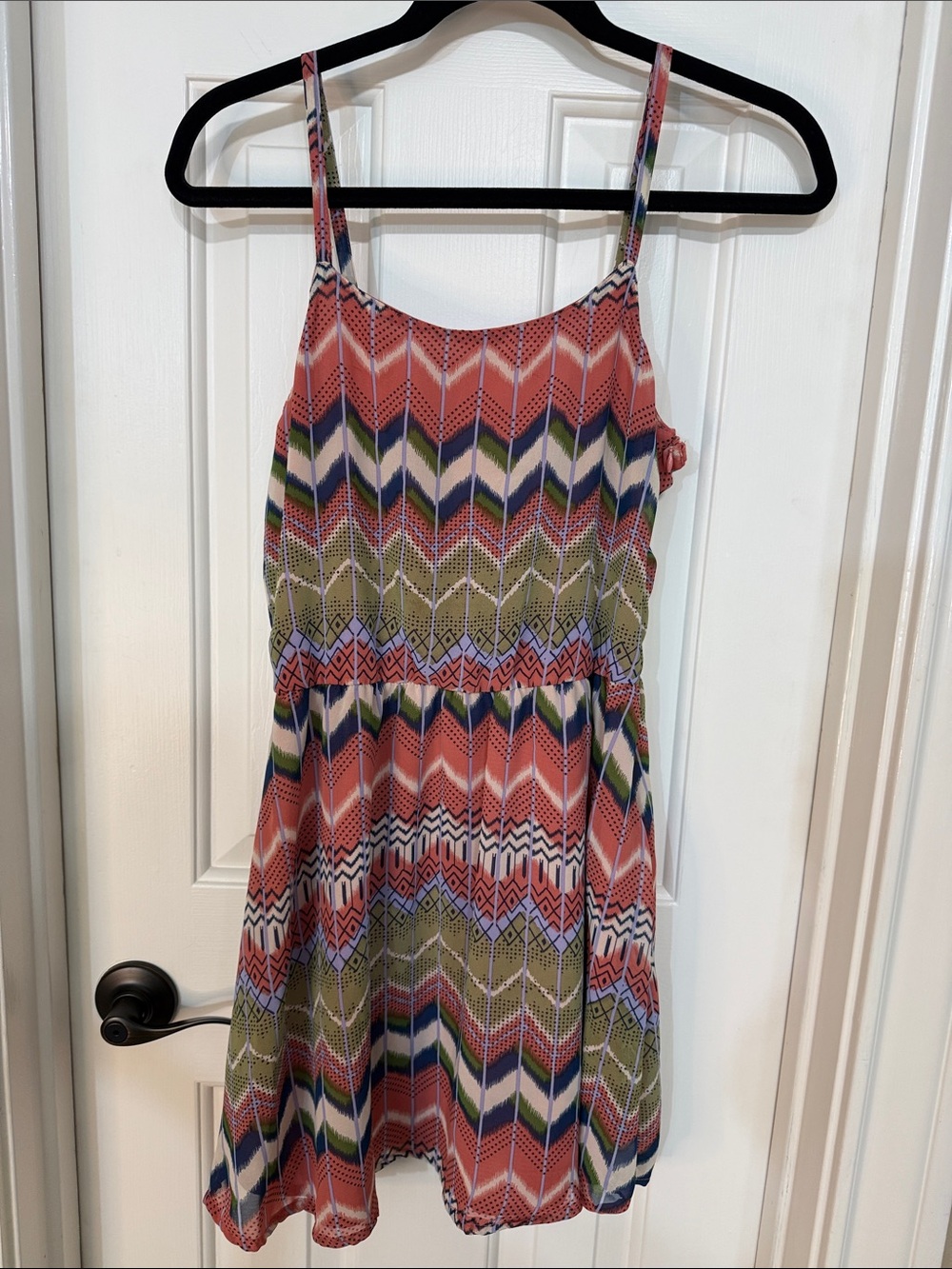 Chevron Print Spaghetti-Strap Midi Dress in Coral and Olive